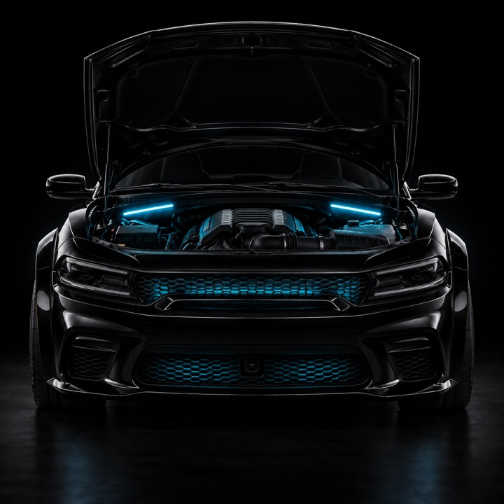 Black Charger with illuminated grille and engine bay