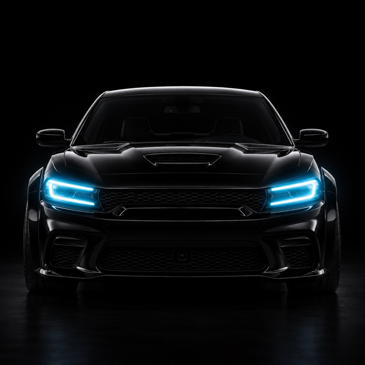 Front view of the black Charger with illuminated LED headlights