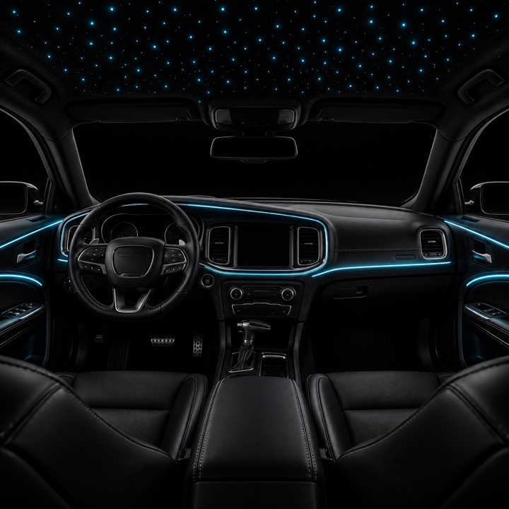 Black Charger cabin with illuminated dash trim and starlight headliner
