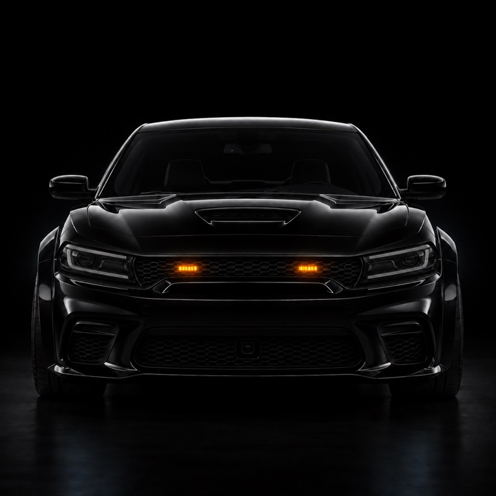 Black Charger with amber and white safety strobe lights