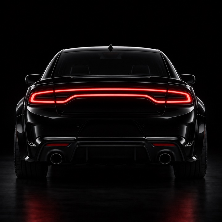 Rear view of the same black Charger with racetrack LED tail lights