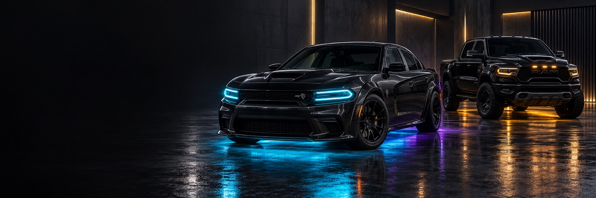 Black Charger with cyan LED headlights beside a Ram TRX with amber lighting