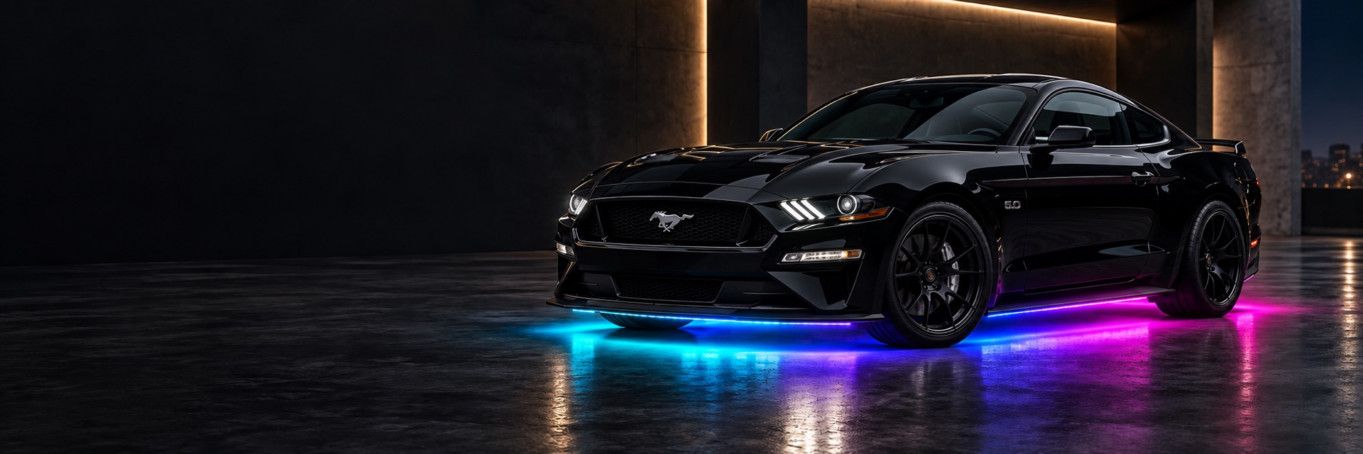 Black Mustang with cyan, violet and magenta underglow