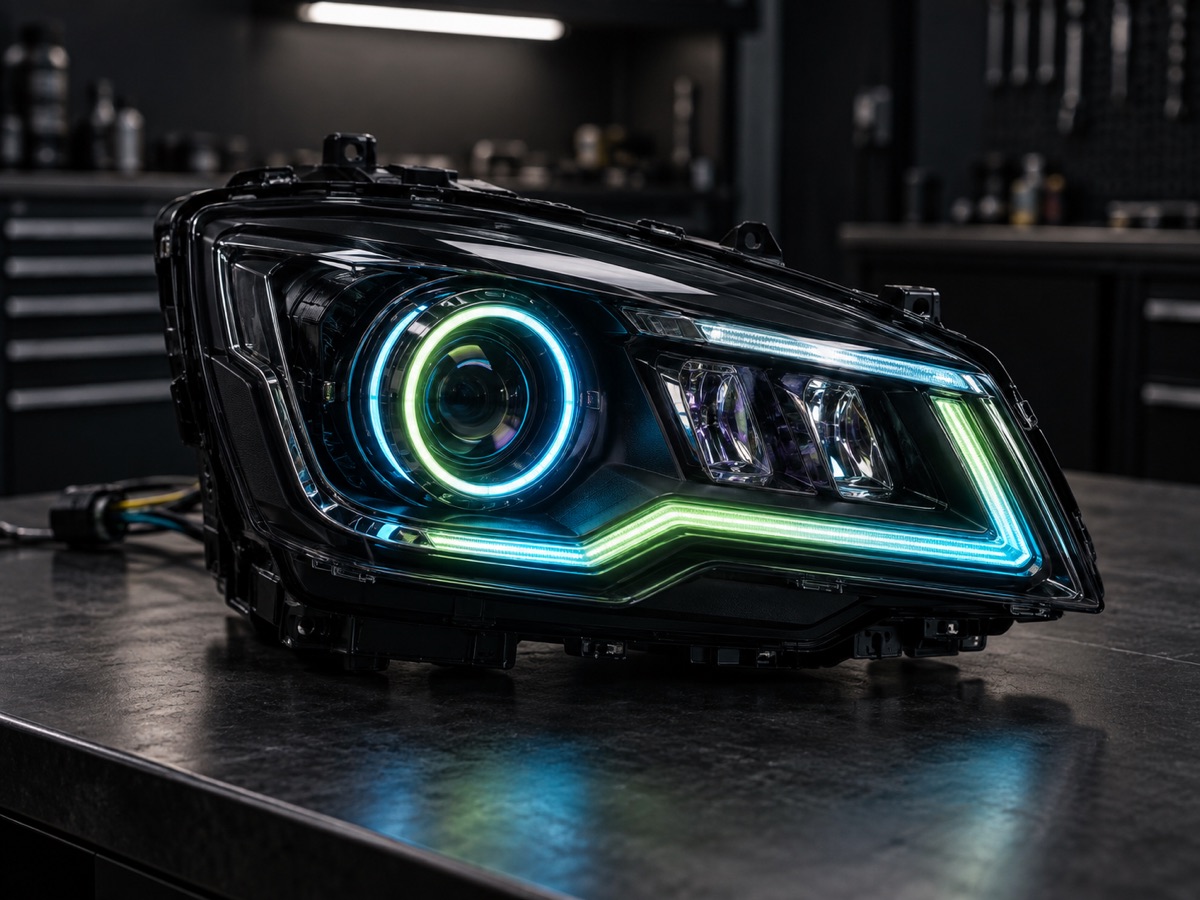 Concept illustration of a custom headlight with illuminated halo and DRL on a workbench